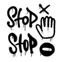 Spray Painted Graffiti set with different Stop signs - Hand icon, cross, word. Sprayed black paint isolated with a white background. Urban graffiti Stop Hand symbol with over spray vector texture.