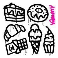 Spray Painted Urnab Graffiti sweets icon set. Sprayed yammy elements isolated with a white background. Ice cream, donut, cupcake, chocolate bar, croissant with paint overspray. Vector illustration.