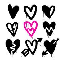 Urban graffiti spray ink hearts set. Valentine day heart elements, ink graphic leaks and stains. Abstract paint love and romantic symbols, rough wedding neoteric decor, broken heart icon. Vector. vector