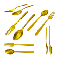 3d representación de limpiar y brillante dorado hierro cuchara y tenedor desde varios perspectiva ver png