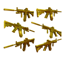 3d rendering gold golden battle rifle war semi automatic machine gun from various view perspective png