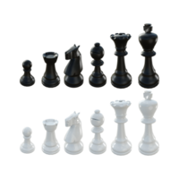 3d rendering black and white chess pieces pawn rook knight bishop queen king perspective view png