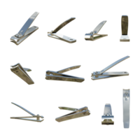 3d rendering of clean silver nail clippers from multiple angles perspective png