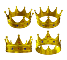 3d rendering of a shiny gold royal crown with red and blue jewels from a perspective view png