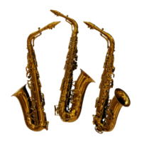 3d Renderização do saxofone vento instrumento brilhante ouro dourado cor perspectiva Visão png