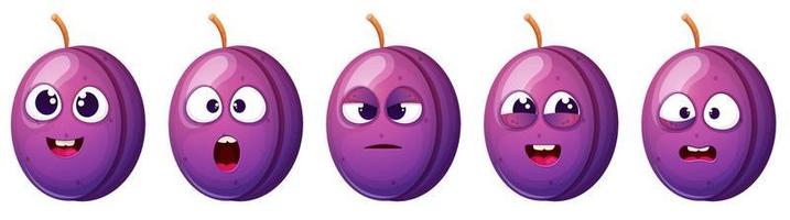 Funny cute plum set with different emotion face. vector