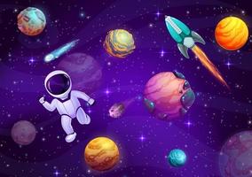 Cartoon astronaut in outer space, starry galaxy vector