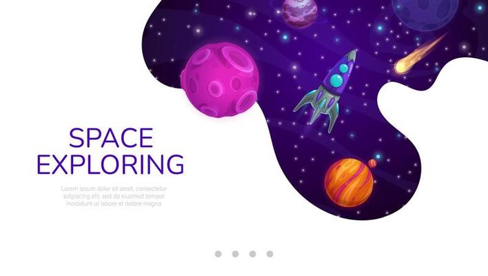 Landing page space, cartoon galaxy planets, rocket