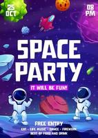 Kids space party flyer, cartoon astronauts, planet vector