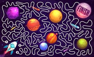 Galaxy labyrinth maze cartoon space planets, stars vector