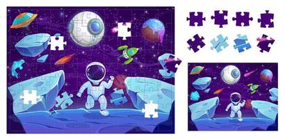 Space landscape and astronaut, jigsaw puzzle game vector