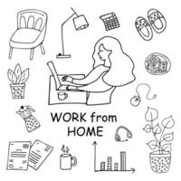 Work from home. Girl working on a laptop. Set of doodles black and white vector