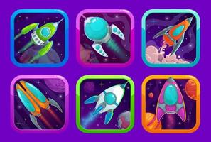 dibujos animados espacio juego aplicación iconos, astronave cohetes vector