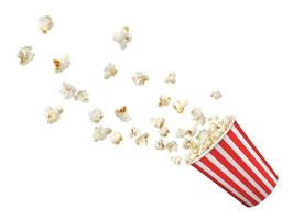 Popcorn flakes flying to bucket, realistic popcorn vector