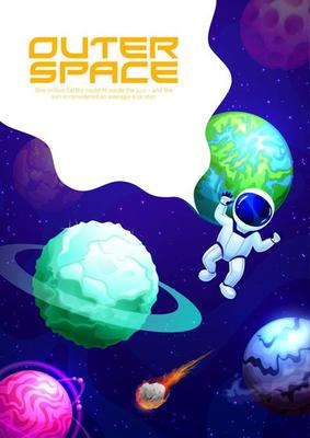 Cartoon space landing page, galaxy planet spaceman
