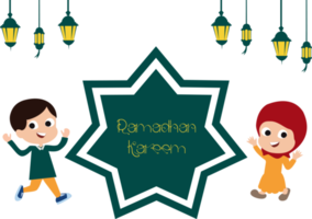 content Ramadan salutation carte avec des gamins dessin animé personnage. content Ramadan salutation carte décoré avec lanternes et vide espace png