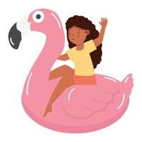 Kid girl sitting on pink flamingo float vector