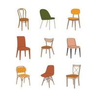 Set of various trendy colorful chairs. Furniture collection for interior design and decoration. Hand drawn vector illustration isolated on white background