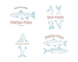 Hand drawn fish logo set in sketch style. Simple vector isolated illustration on white background