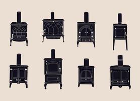 Hand drawn fireplace stove icon set in a doodle style isolated on beige background. vector