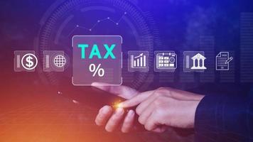 Business using smart phone to complete Individual income tax return form online for tax payment. Government, state taxes. Data analysis, paperwork, financial research, Calculation tax return. photo