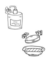 Coloring Page Soap, liquid soap in bottle with dispenser. Vector Educational worksheet. Paint game.
