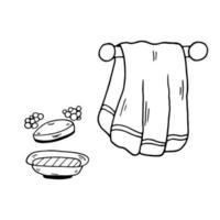 Coloring Page towel and soap. Vector Educational worksheet. Paint game.