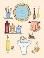 Washbasin wall doodle. Hygiene set. Bathroom personal hygiene. Wash Vector Bath procedures items.