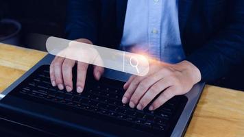 Businessman touching data search box information technology Search Engine Optimization. uses a search box to search for information on the Internet. photo