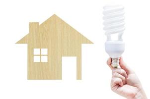 Energy saving concept, Woman hand holding light bulb on wooden house icon on white background,Ideas light bulb in the hand photo