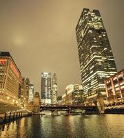 Buildings and architecture of downtown Chicago at night. photo