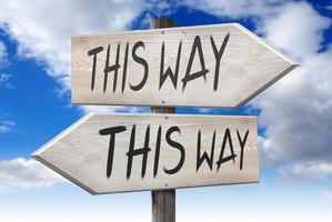 This Way, This Way - Wooden Signpost with Two Arrows and Cloudy Sky in Background photo