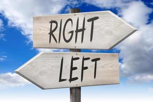 Right, Left - Wooden Signpost with Two Arrows and Cloudy Sky in Background photo