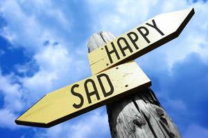 Happy, Sad - Wooden Signpost with Two Arrows and Sky in Background photo