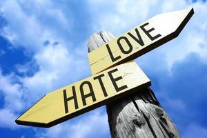 Love, Hate - Wooden Signpost with Two Arrows and Sky in Background photo
