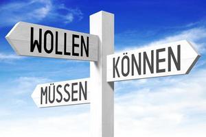 Want, Can, Must in German - Wooden Signpost with Three Arrows and Sky in Background photo