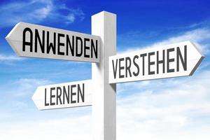 Use, understand, Learn in German - Wooden Signpost with Three Arrows and Sky in Background photo