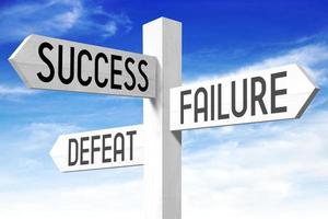 Success, Failure, Defeat - Wooden Signpost with Three Arrows and Sky in Background