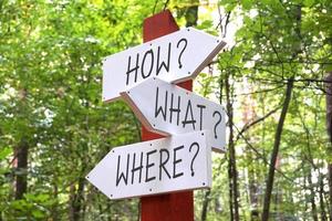 How, What, Where Questions - Wooden Signpost with Three Arrows, Forest in Background photo