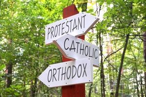 protestante, católico, ortodoxo - de madera señalizar con Tres flechas, bosque en antecedentes foto