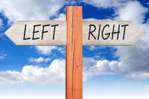 Left or Right - Wooden Signpost with Two Arrows and Cloudy Sky photo