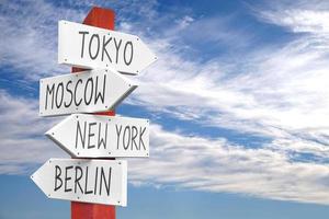 Tokyo, Moscow, New York, Berlin - Capital Cities - Wooden Signpost with Four Arrows photo
