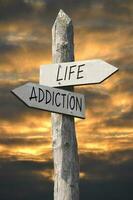 Life or Addiction - Wooden Signpost with Two Arrows and Sunset Sky photo