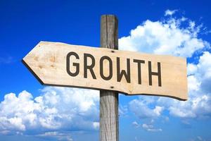 Growth - Wooden Signpost with one Arrow, Sky with Clouds in Background photo