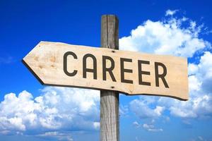 Career - Wooden Signpost with one Arrow, Sky with Clouds in Background photo