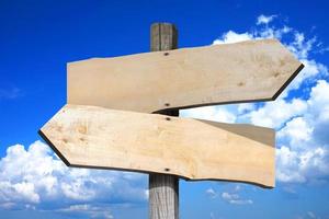 Wooden Signpost with Two Clear Arrows, Sky with Clouds in Background photo