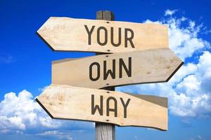 Your Own Way - Wooden Signpost with Three Arrows, Sky with Clouds in Background photo