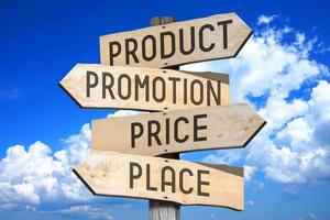 Product, Promotion, Price, Place - Wooden Signpost with Four Arrows, Sky with Clouds in Background photo