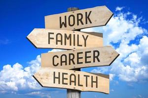 Work, Family, Career, Health - Wooden Signpost with Four Arrows, Sky with Clouds in Background photo