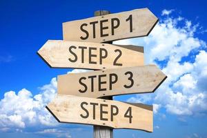 Step 1, 2, 3, 4 - Wooden Signpost with Four Arrows, Sky with Clouds in Background photo